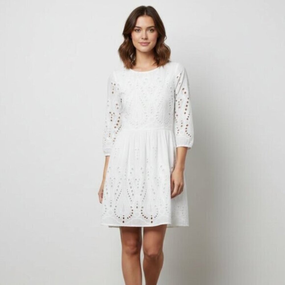 Mango Mini Dress White Eyelet Cotton Poplin XS Boho Chic Cottagecore Peasant